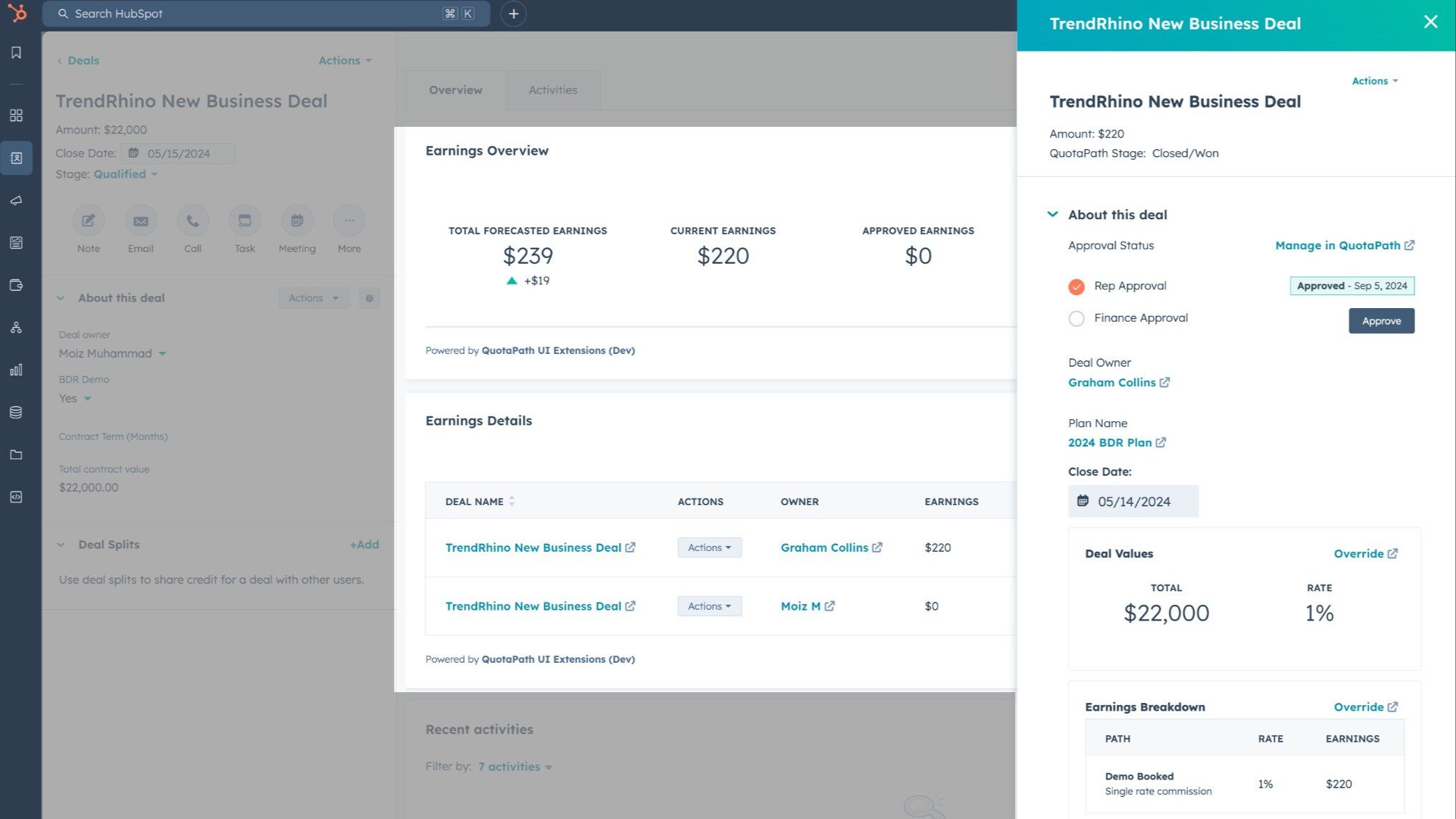 QuotaPath App Cards inside HubSpot