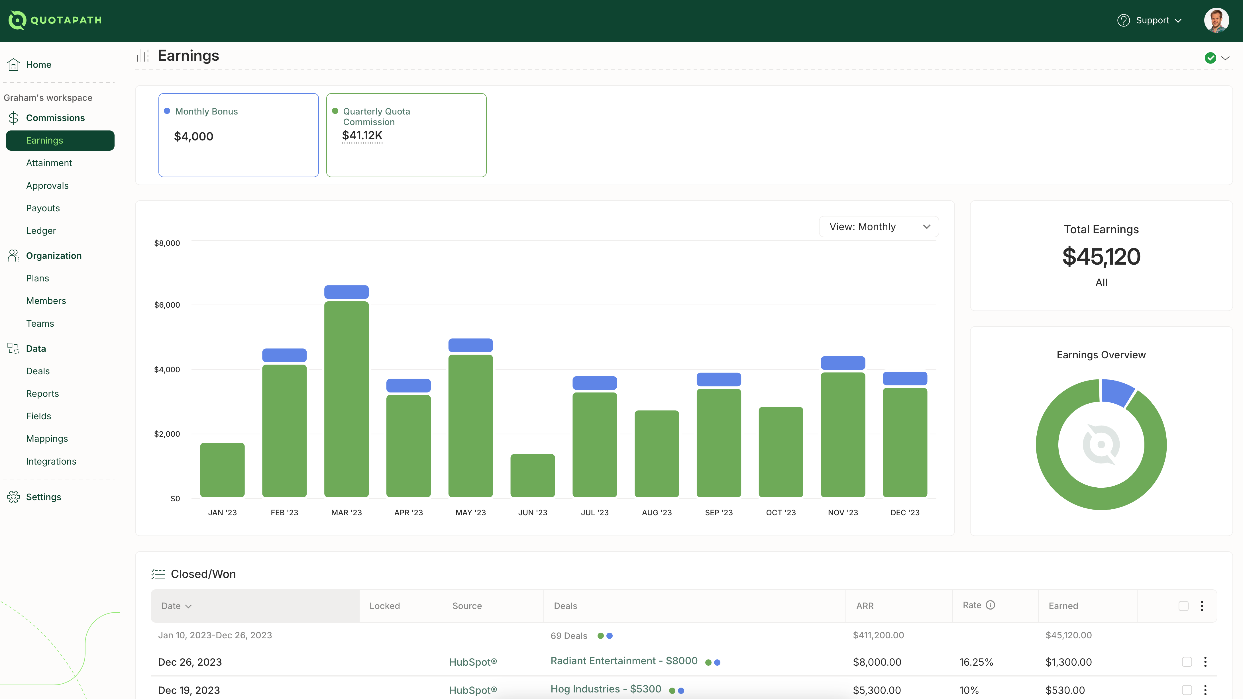 Earnings overview page inside of QuotaPath