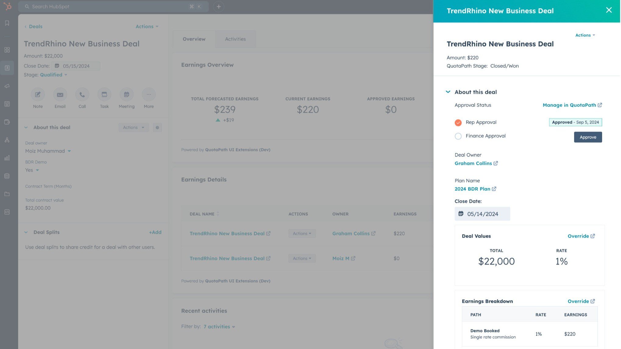 QuotaPath Earnings details inside HubSpot app card